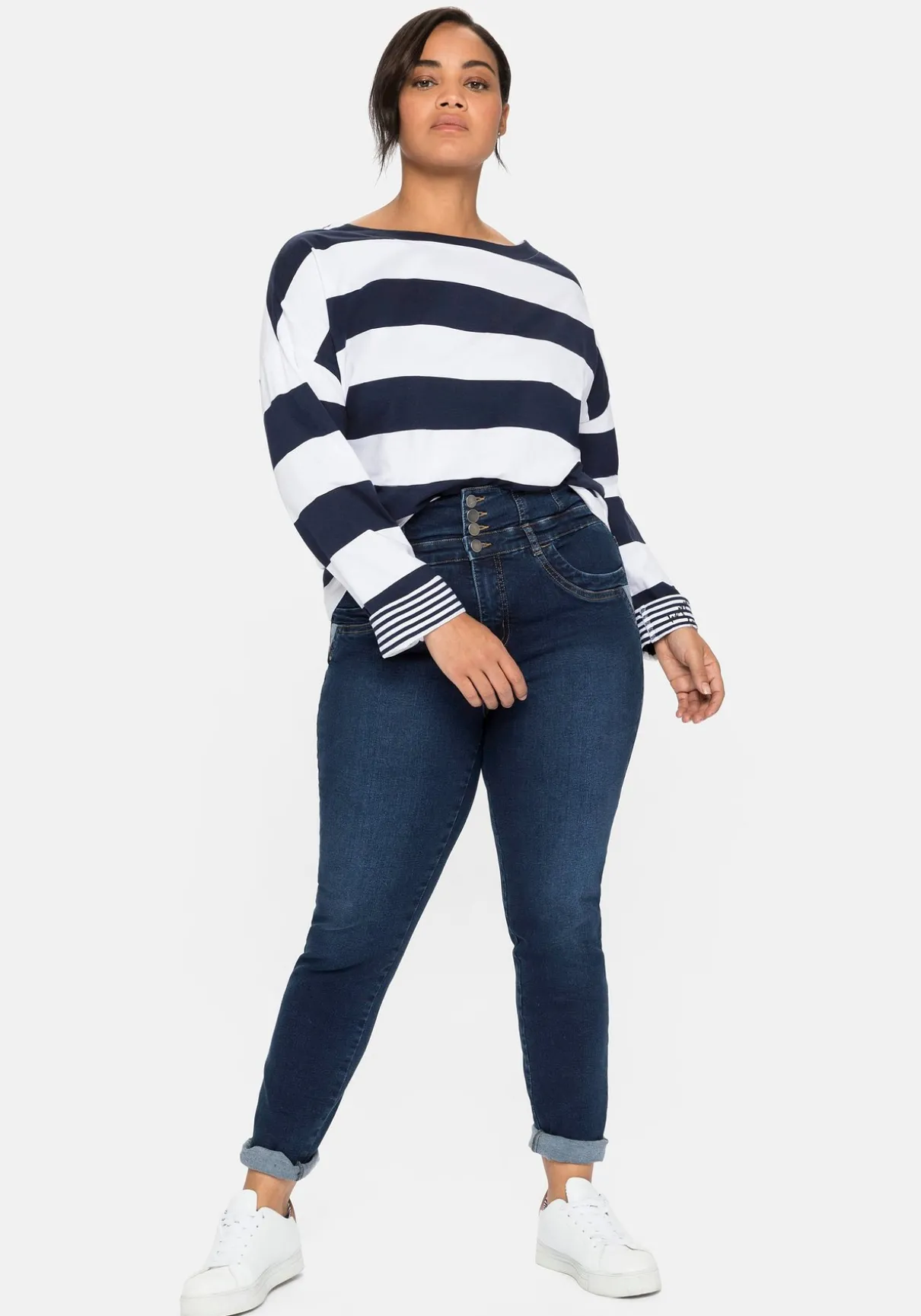 Langarmshirt mit Blockstreifen und U-Boot-Ausschnitt