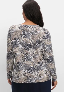 Langarmshirt mit Blätterprint und Faltendetail vorn