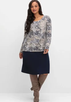 Langarmshirt mit Blätterprint und Faltendetail vorn