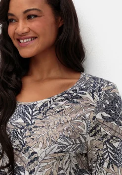 Langarmshirt mit Blätterprint und Faltendetail vorn