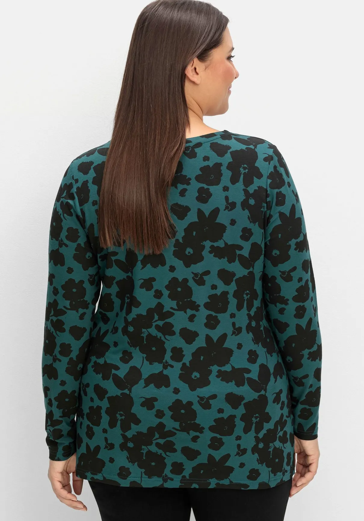 Langarmshirt mit Blumendruck und V-Ausschnitt