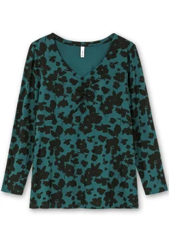 Langarmshirt mit Blumendruck und V-Ausschnitt
