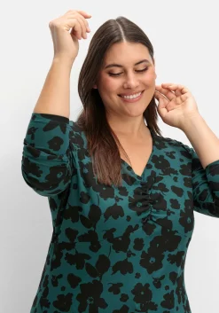 Langarmshirt mit Blumendruck und V-Ausschnitt