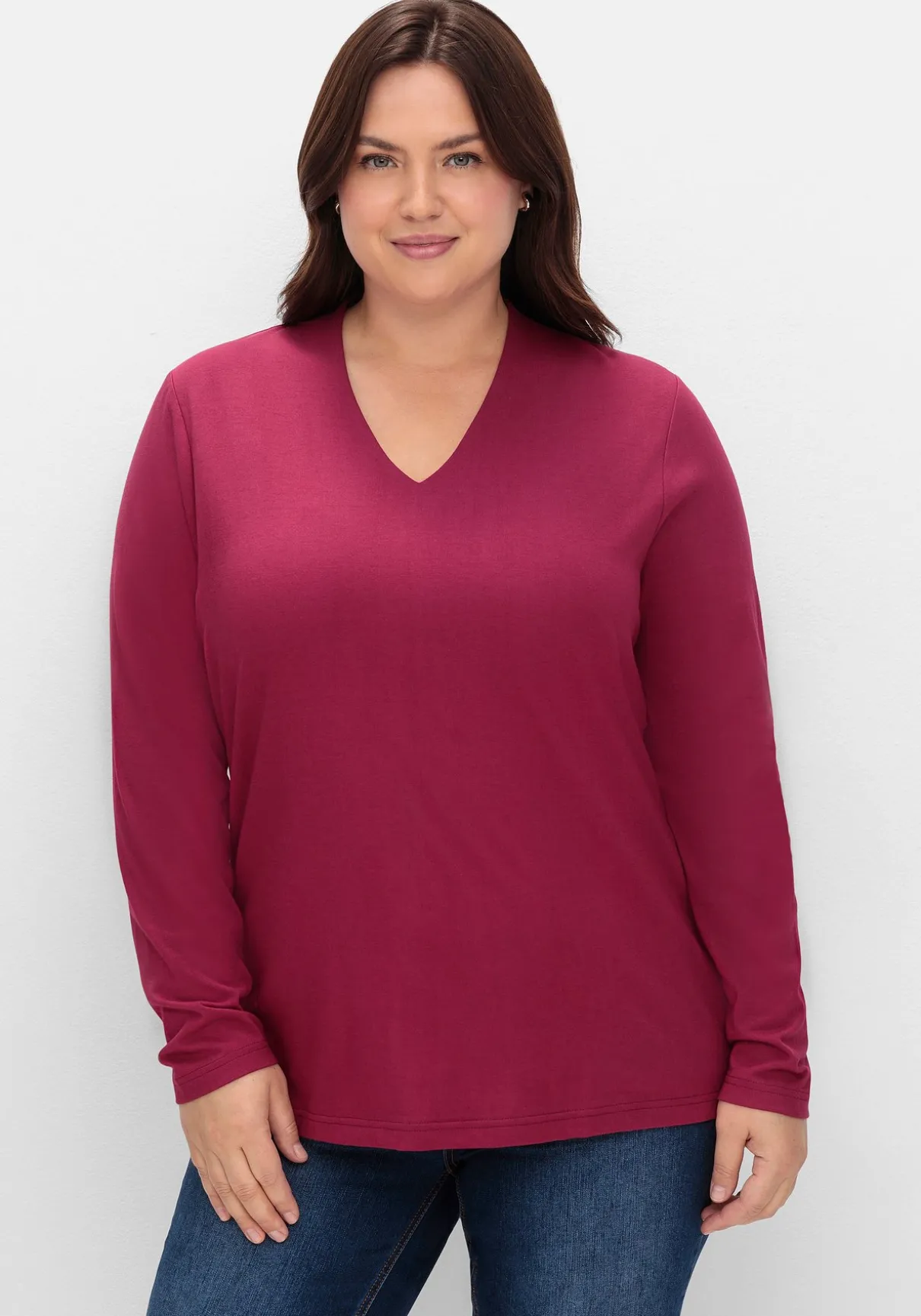 Langarmshirt mit V-Ausschnitt, vorn doppellagig