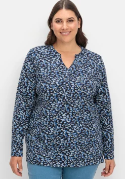 Langarmshirt mit V-Schlitz und floralem Minimalprint