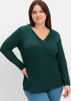 Langarmshirt mit Zierfalten am V-Ausschnitt, A-Linie