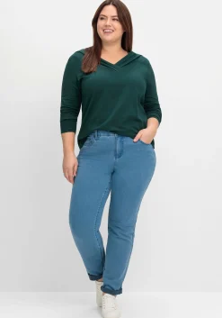 Langarmshirt mit Zierfalten am V-Ausschnitt, A-Linie