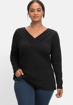 Langarmshirt mit Zierfalten am V-Ausschnitt, A-Linie