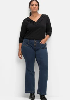 Langarmshirt mit Zierfalten am V-Ausschnitt, A-Linie