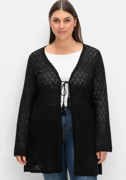 Lange Ajour-Strickjacke mit Bindeband