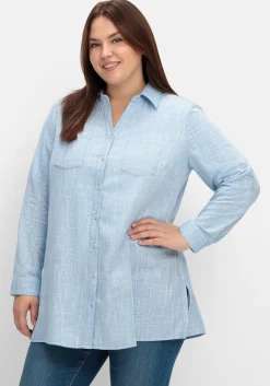 Lange Bluse mit Krempelärmeln, in Leinenoptik