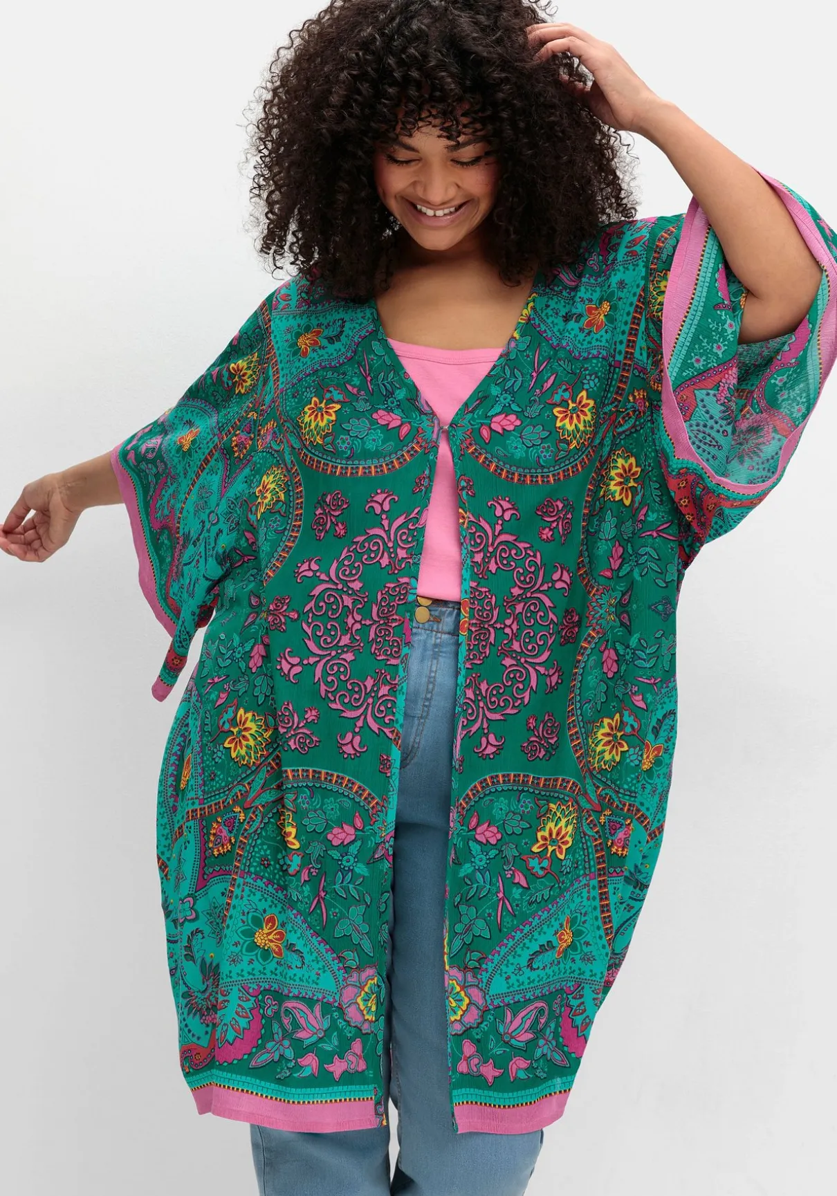 Lange Blusenjacke mit Ornament- und Bordürenprint