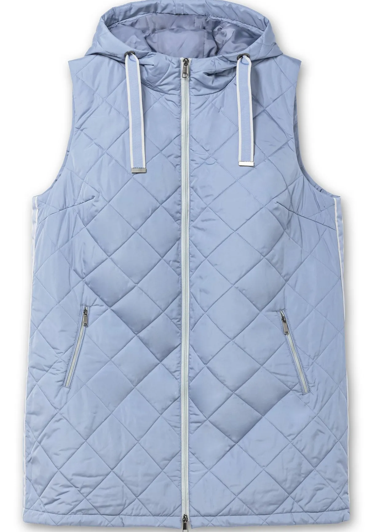 Lange Steppweste mit Kapuze und Kontrastdetails