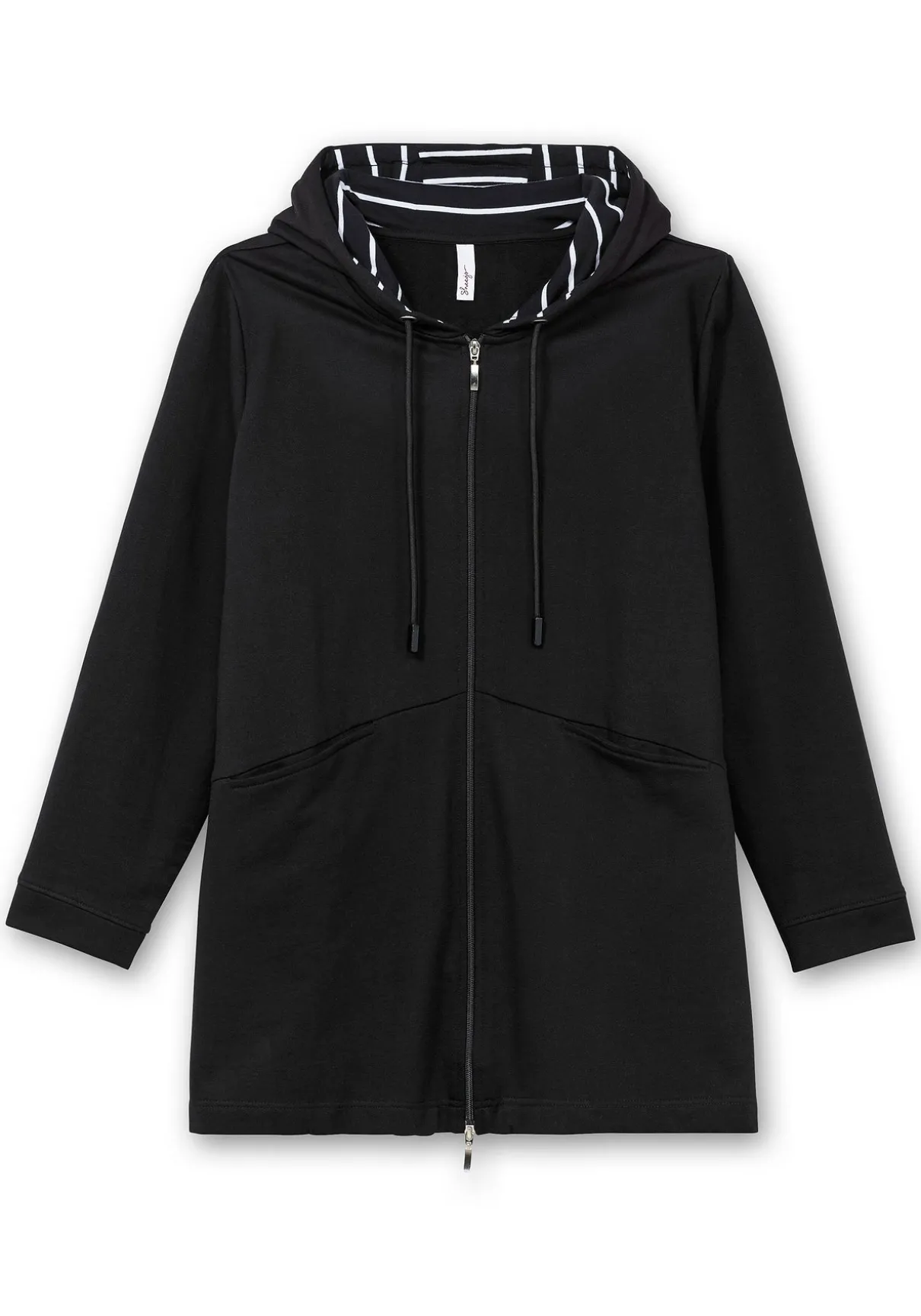 Lange Sweatjacke mit gestreiftem Kapuzenfutter
