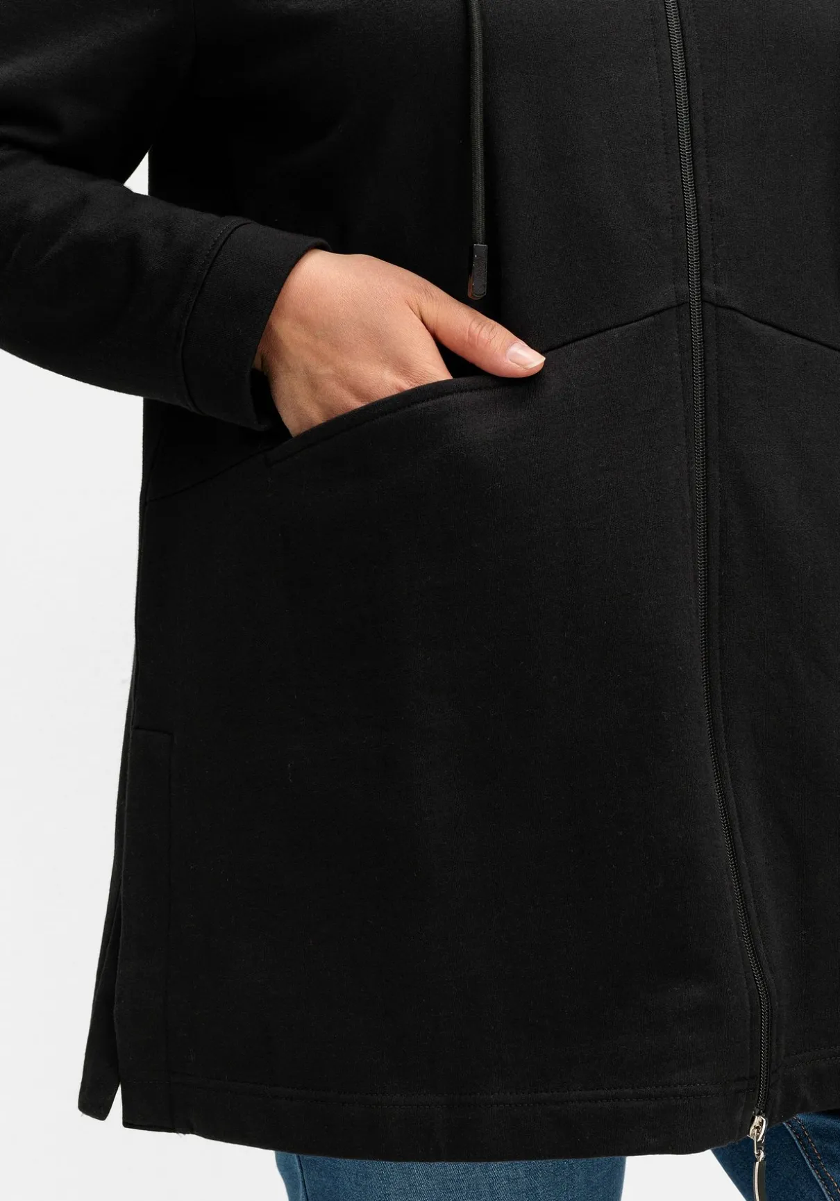 Lange Sweatjacke mit gestreiftem Kapuzenfutter