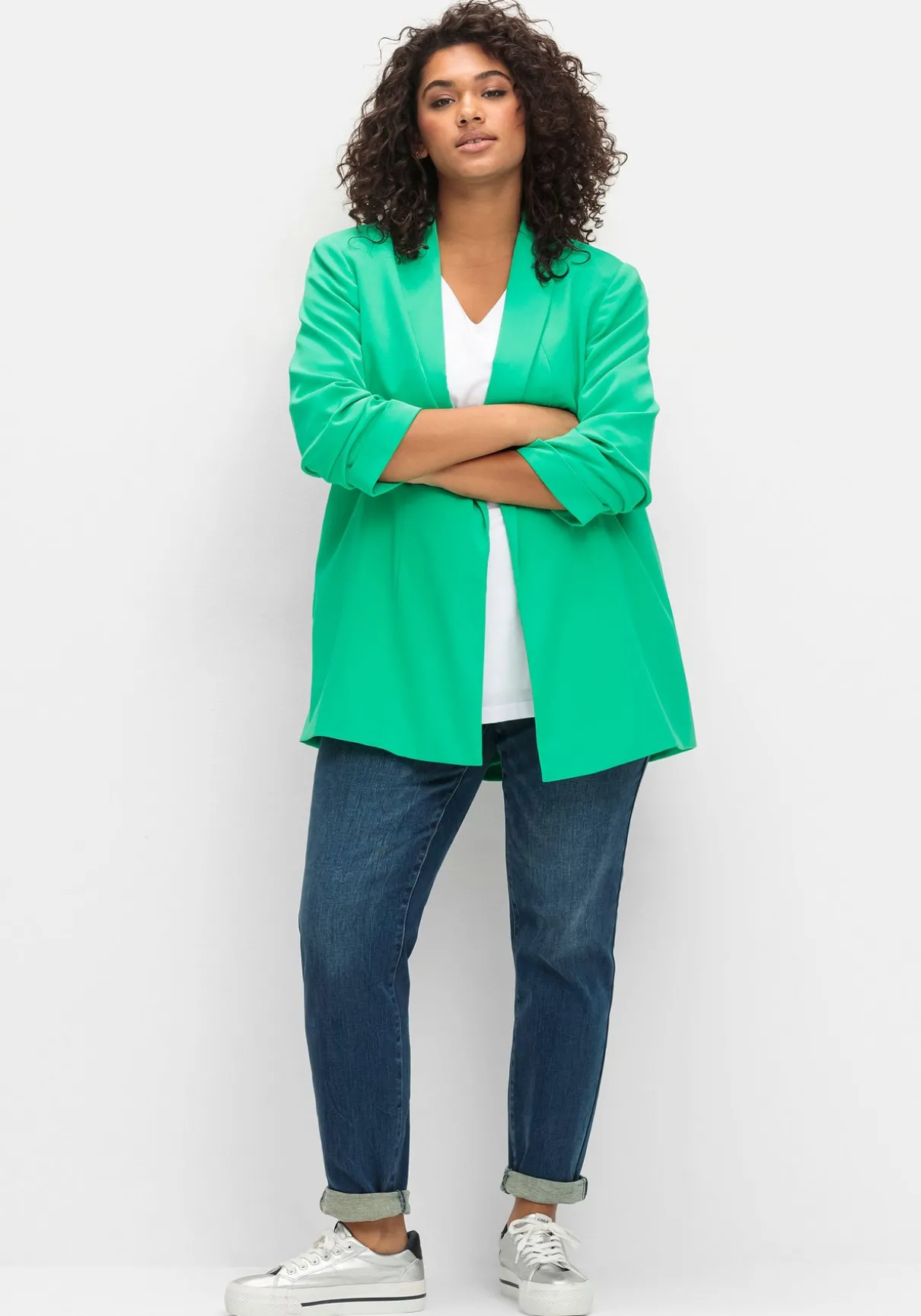 Langer Blazer mit Schalkragen und gerafftem 3/4-Arm