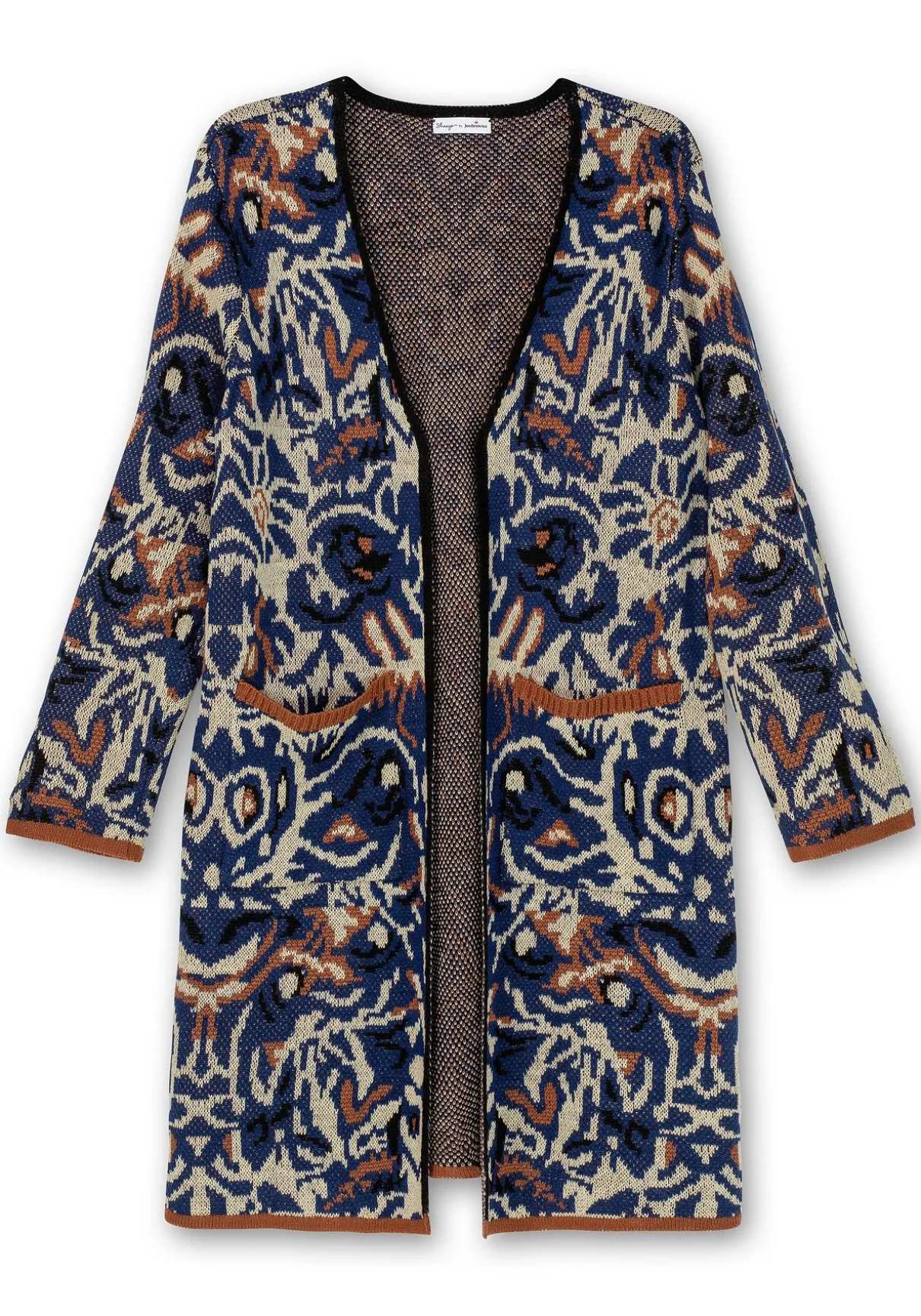 Langer, offener Strickmantel mit Jacquardmuster