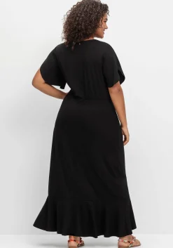 Langes Jerseykleid in Wickeloptik, mit Volantrock