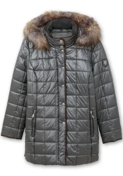 Leicht glänzende Steppjacke mit Kunstfell-Kapuze