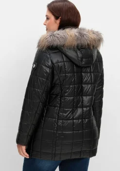 Leicht glänzende Steppjacke mit Kunstfell-Kapuze