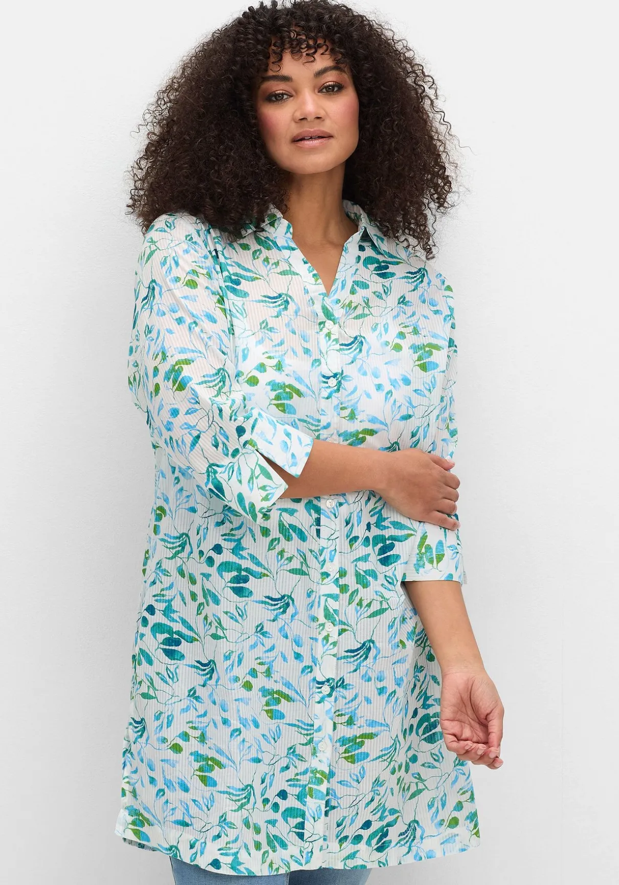 Longbluse mit Blätterdruck und 3/4-Ärmeln