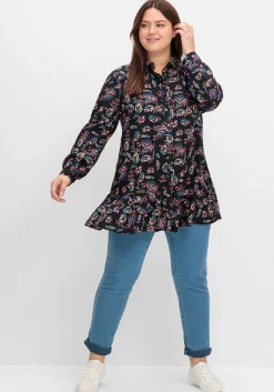 Longbluse mit Blumenprint und Volant am Saum