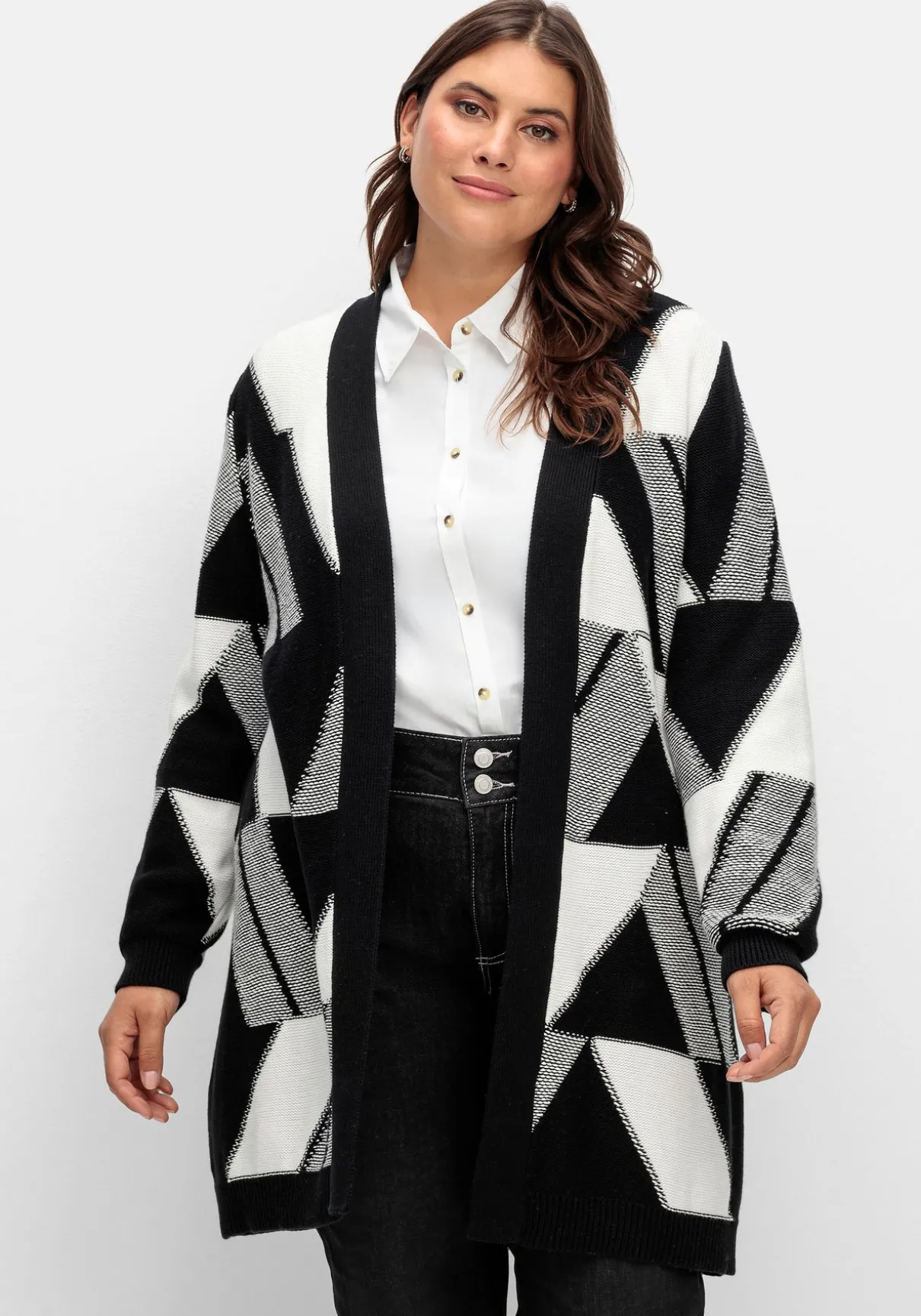 Longstrickjacke mit grafischem Jacquardmuster