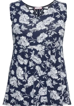 Longtop mit Blumendruck und Spitze im Rücken