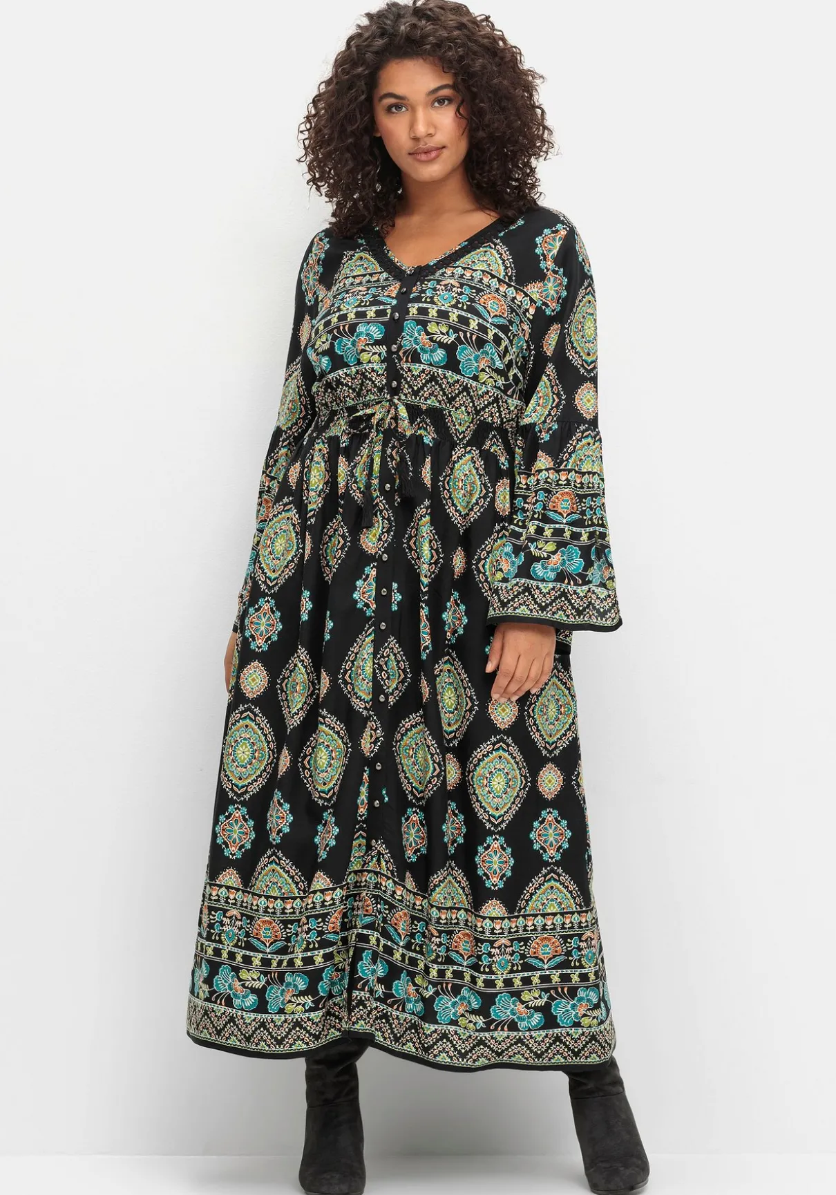 Maxikleid im Boho-Stil, mit Trompetenärmeln