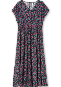 Maxikleid mit Alloverdruck und gesmokter Taille