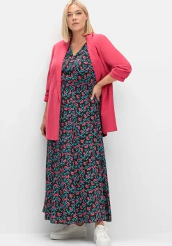 Maxikleid mit Alloverdruck und gesmokter Taille