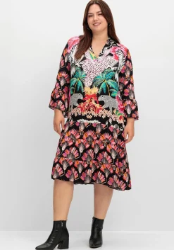 Midikleid im Mustermix, mit Trompetenärmeln