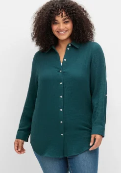 Musselin-Bluse mit Hemdkragen und Krempelärmeln