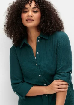 Musselin-Bluse mit Hemdkragen und Krempelärmeln