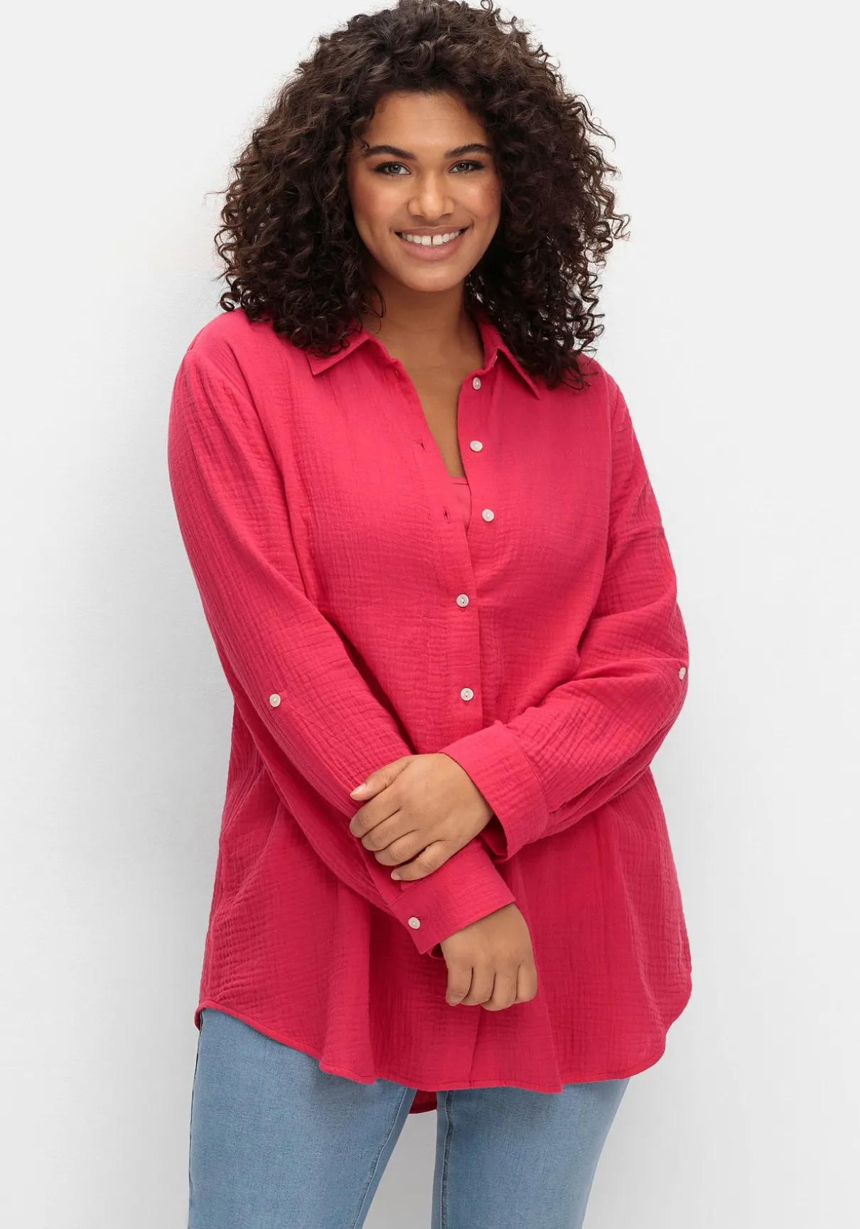 Musselin-Bluse mit Hemdkragen und Krempelärmeln