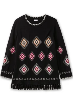 Pullover mit Ethnomuster und Fransen
