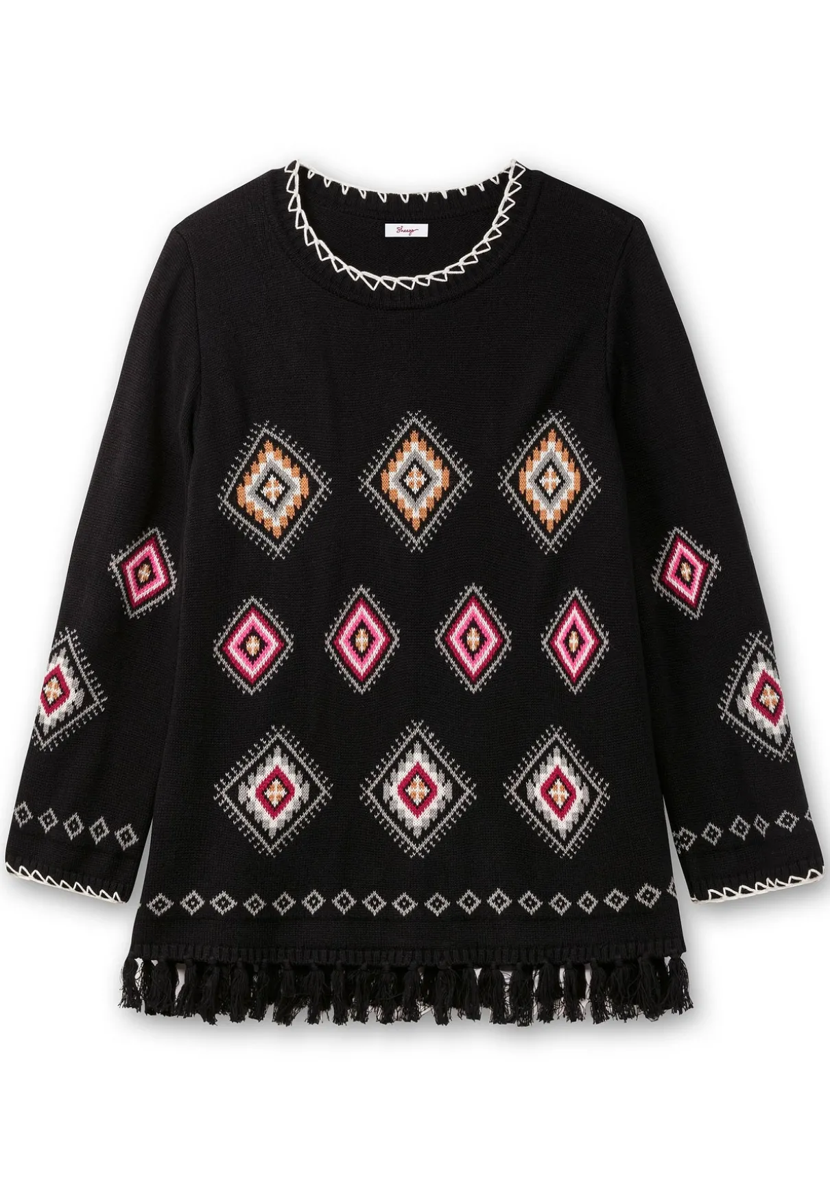Pullover mit Ethnomuster und Fransen