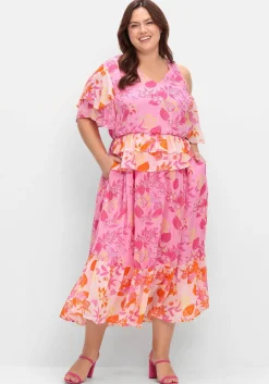 Rüschenkleid mit Cut-out und Volants in Kontrast