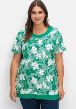 Shirt in leichter A-Linie, mit Blumendruck und Streifen