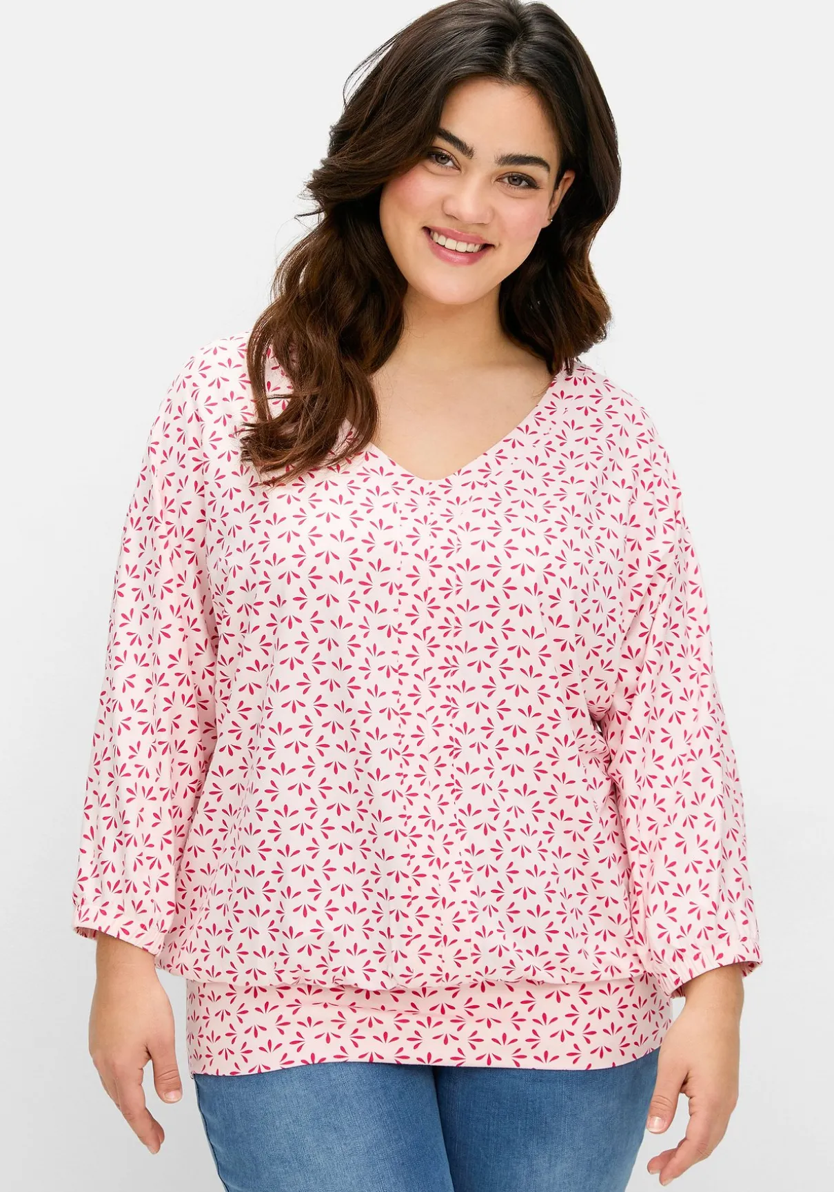 Shirt mit 3/4-Fledermausärmeln und V-Ausschnitt