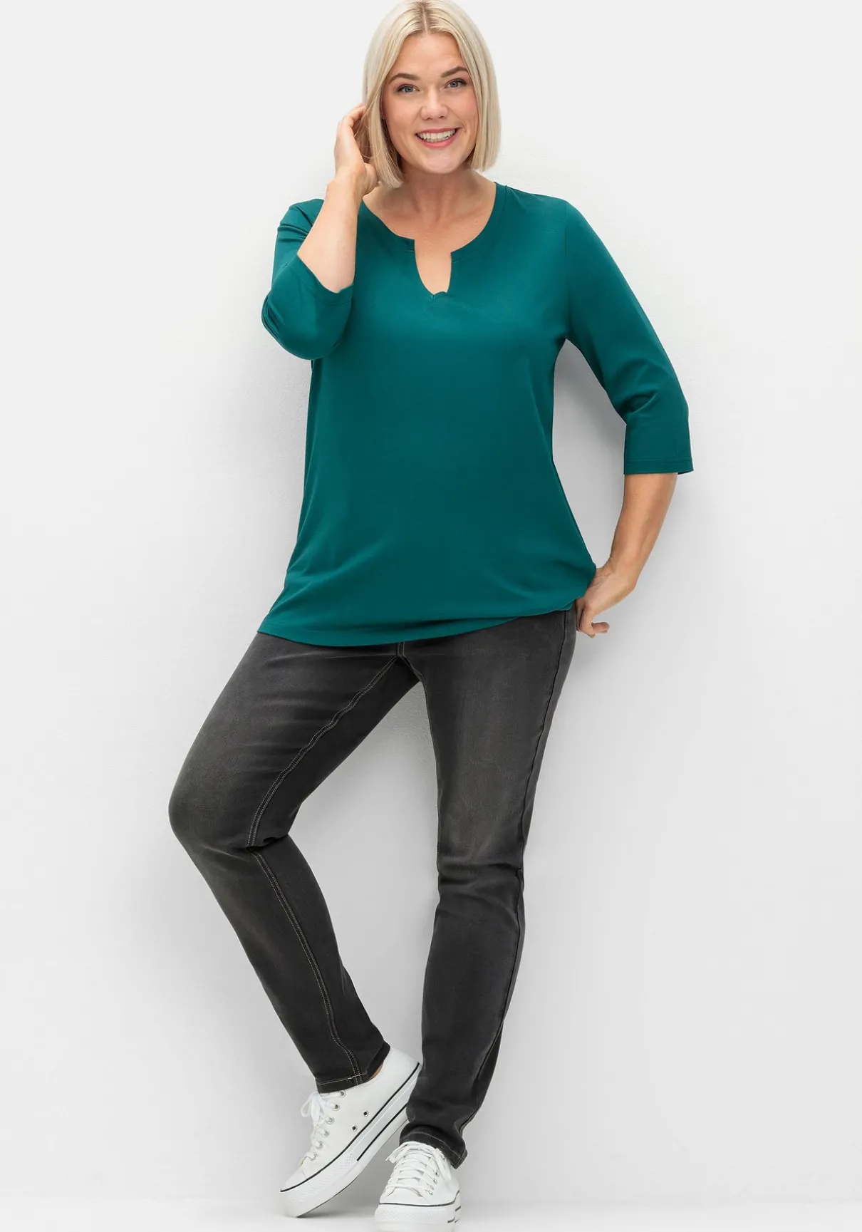 Shirt mit Rundhals und Schlitz, 3/4-Ärmel