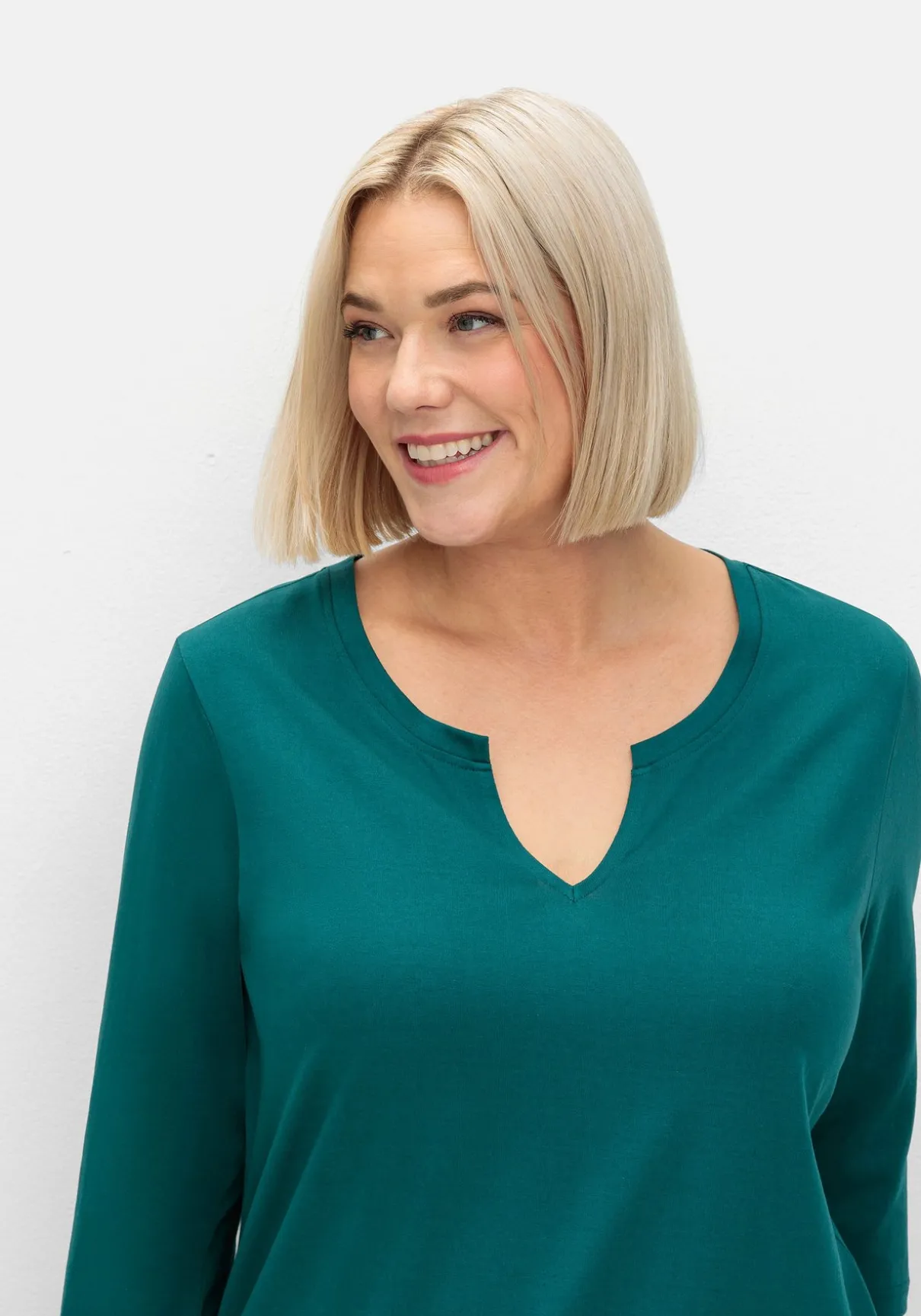 Shirt mit Rundhals und Schlitz, 3/4-Ärmel