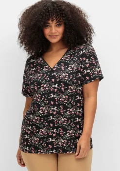 Shirt mit Zipper am Ausschnitt und Blumenprint