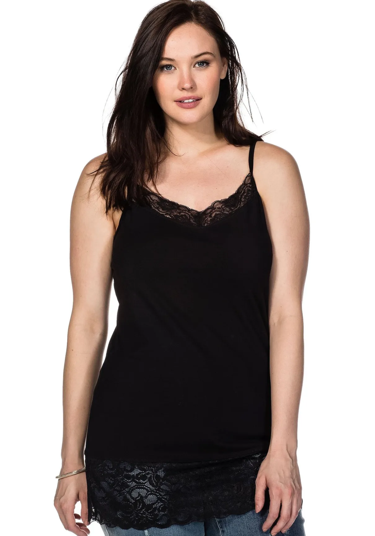 Spaghetti-Top mit breitem Spitzensaum