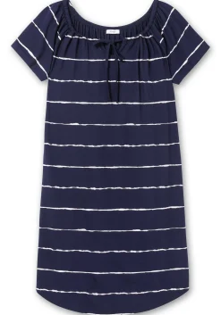 Streifenkleid mit Carmenausschnitt und rundem Saum