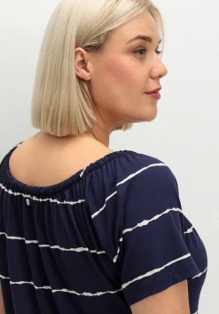 Streifenkleid mit Carmenausschnitt und rundem Saum