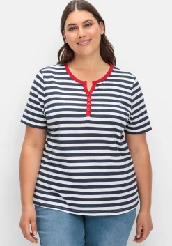Streifenshirt mit kurzer Zierknopfleiste