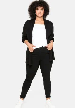 Strickjacke mit schmalem Schalkragen, offene Form