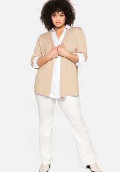 Strickjacke mit schmalem Schalkragen, offene Form