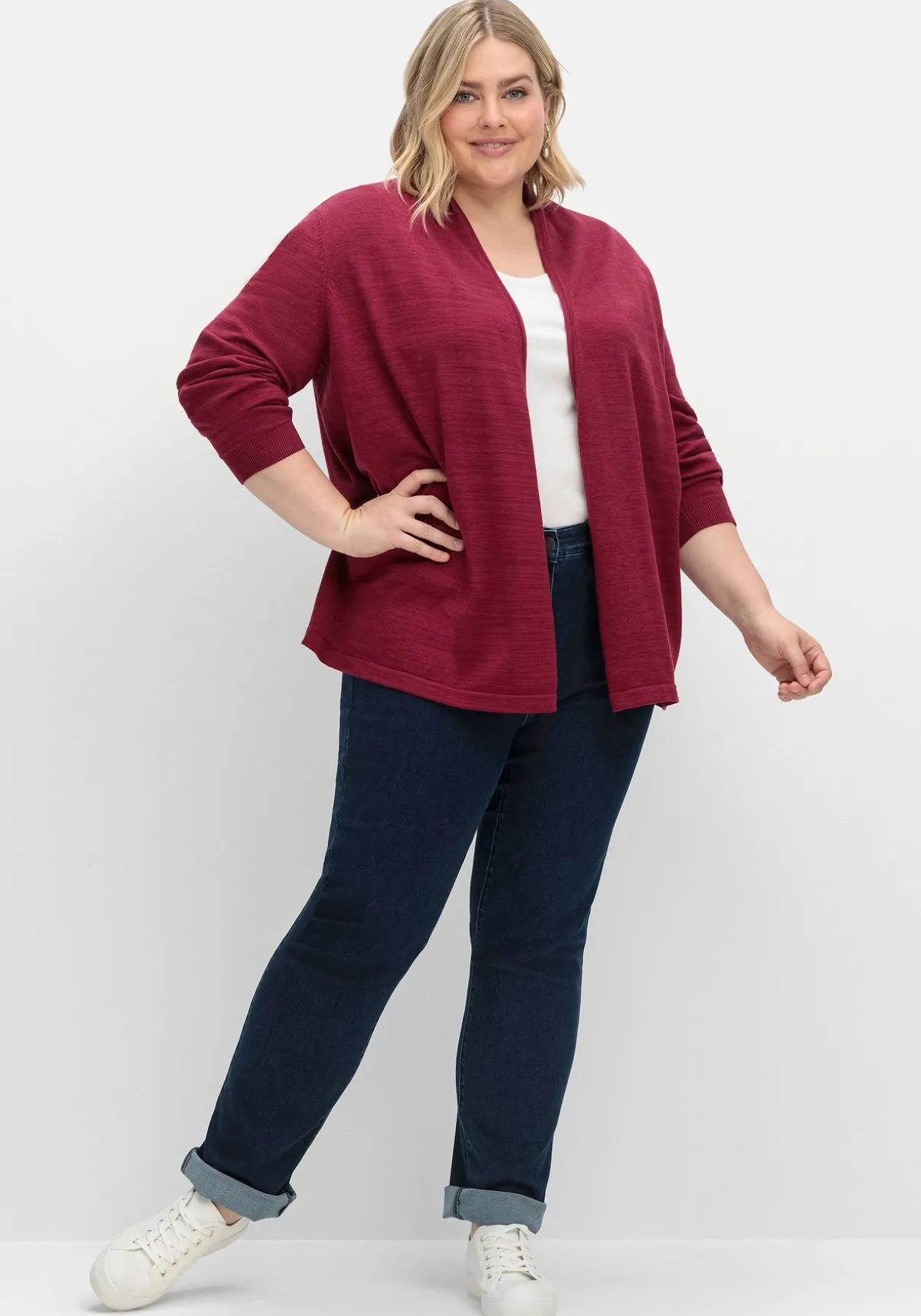 Strickjacke mit schmalem Schalkragen, offene Form